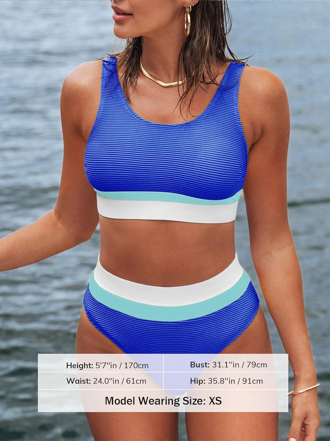 Ocean Stripe Bikini Set | High-Neck Top | Colorblock Elegance