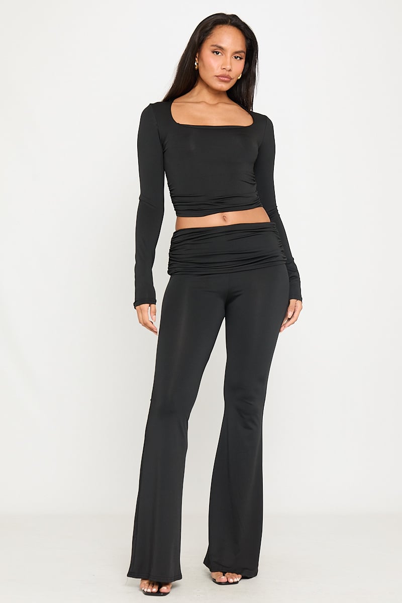 Black Ribbed Co-Ord Set | Flared Pants & Square Neck Top | Sleek '90s Revival
