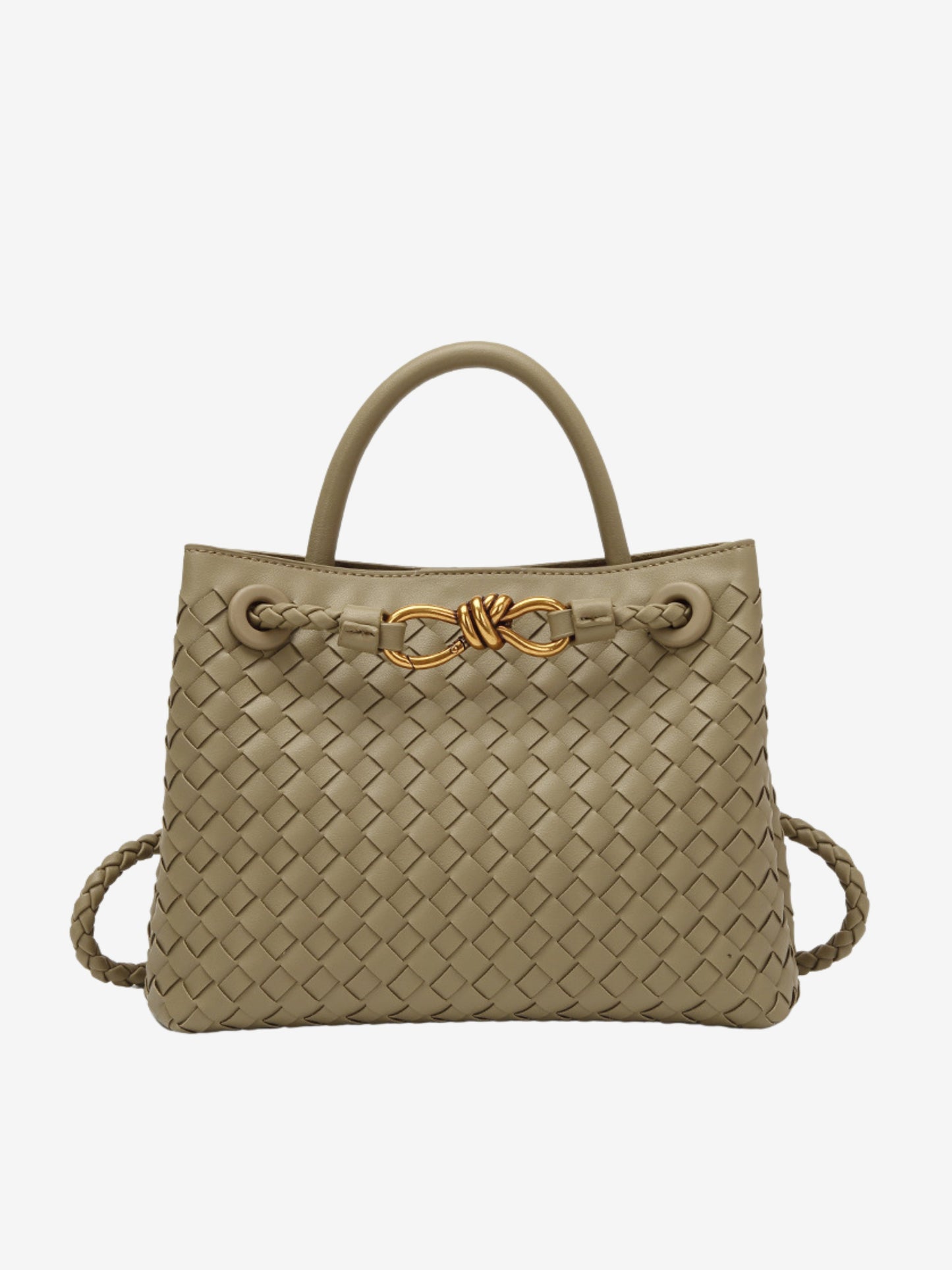 Woven Top-Handle Bag | Faux Leather | Gold Bow Accent