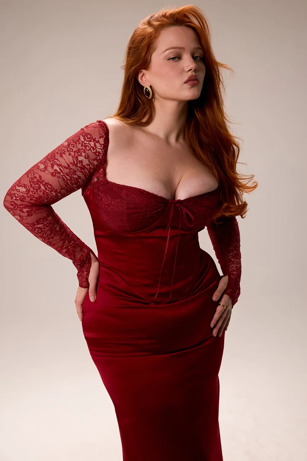Velvet Evening Gown | Lace Sleeves | Elegant & Sophisticated
