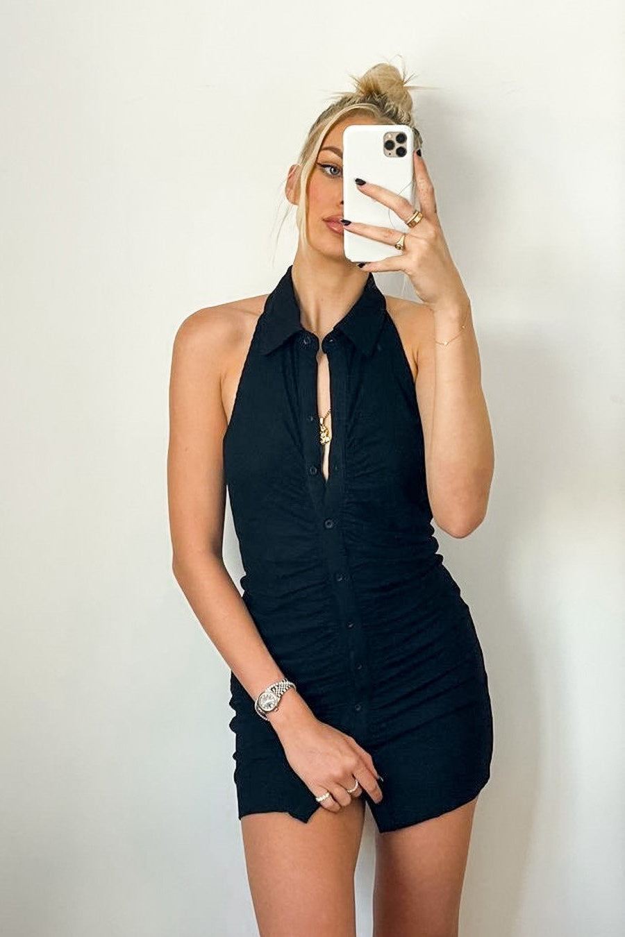 Black Halter Neck Bodycon Dress | Ruched Front | Backless Party Essential