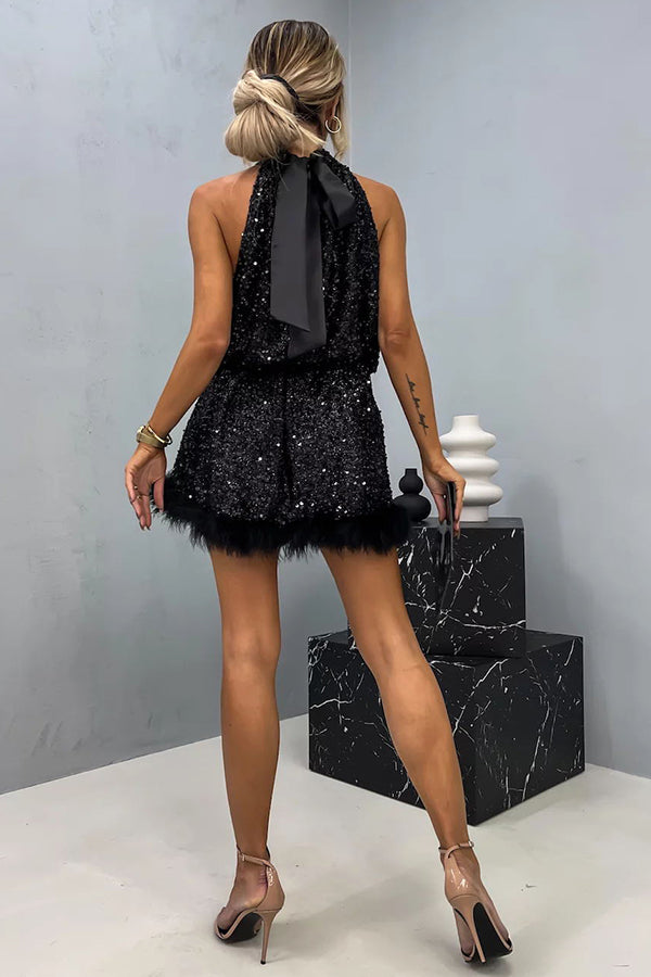 Women's Halter Sequin Mini Dress | Glamorous & Playful | Feather Trim