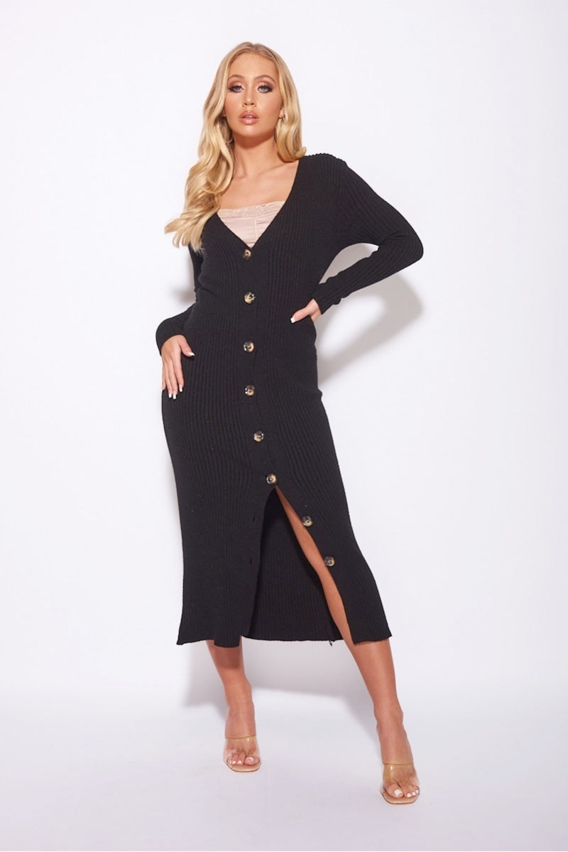 Button-Down Ribbed Midi Dress | Deep V Neckline | Elegant Everyday Chic