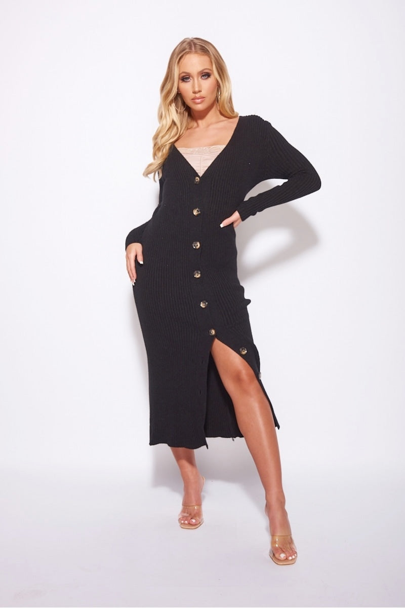 Button-Down Ribbed Midi Dress | Deep V Neckline | Elegant Everyday Chic
