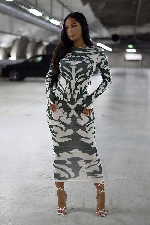 Camouflage Chic Bodycon Midi Dress | Sleek & Edgy | Street Luxe