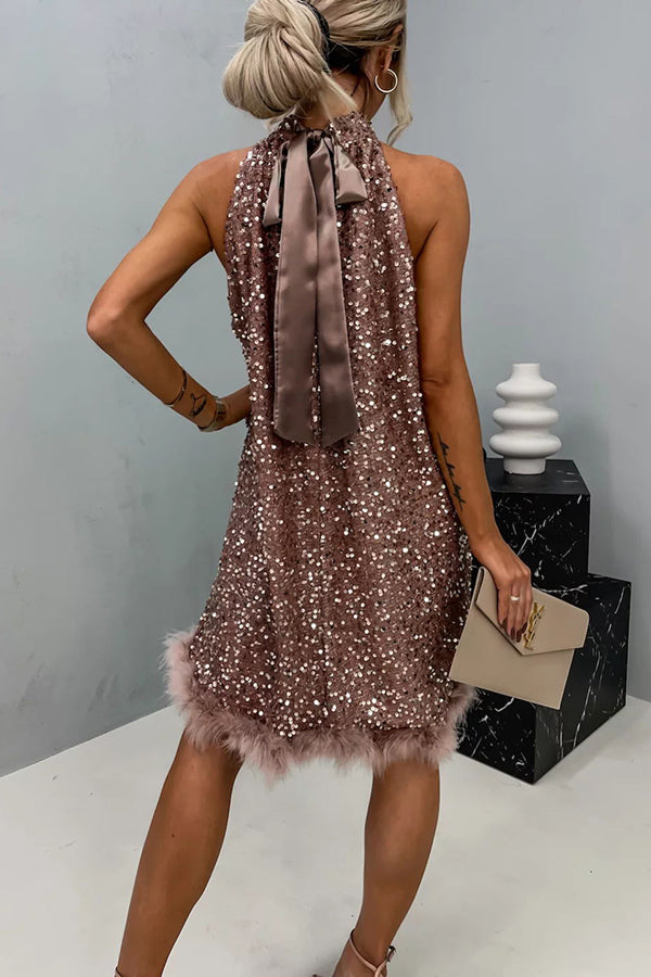 Women's Halter Sequin Mini Dress | Glamorous & Playful | Feather Trim