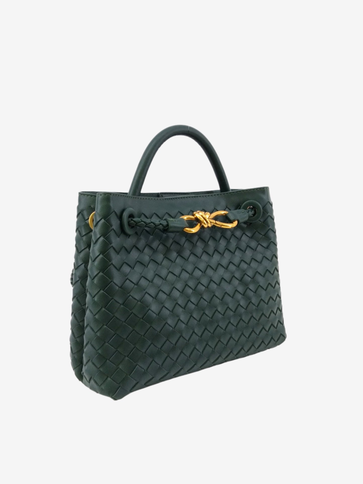 Woven Top-Handle Bag | Faux Leather | Gold Bow Accent