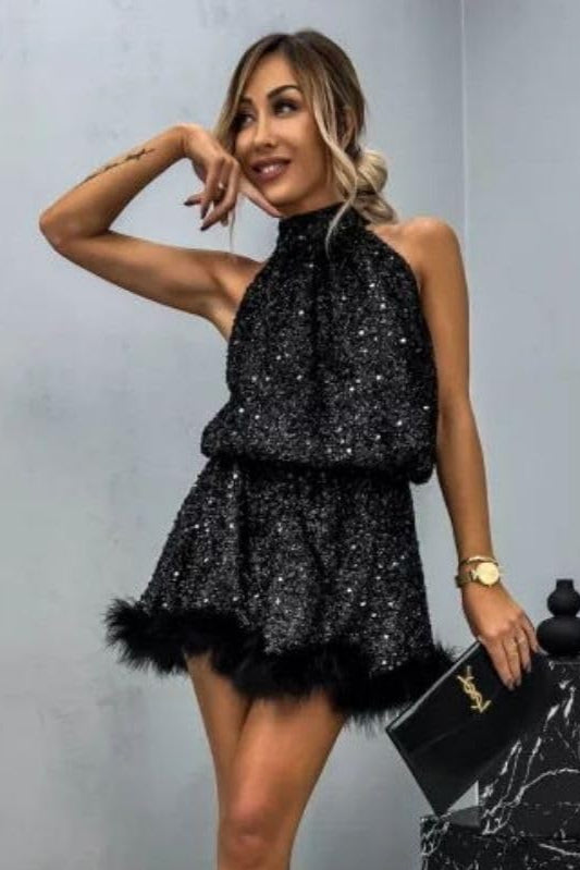 Women's Halter Sequin Mini Dress | Glamorous & Playful | Feather Trim