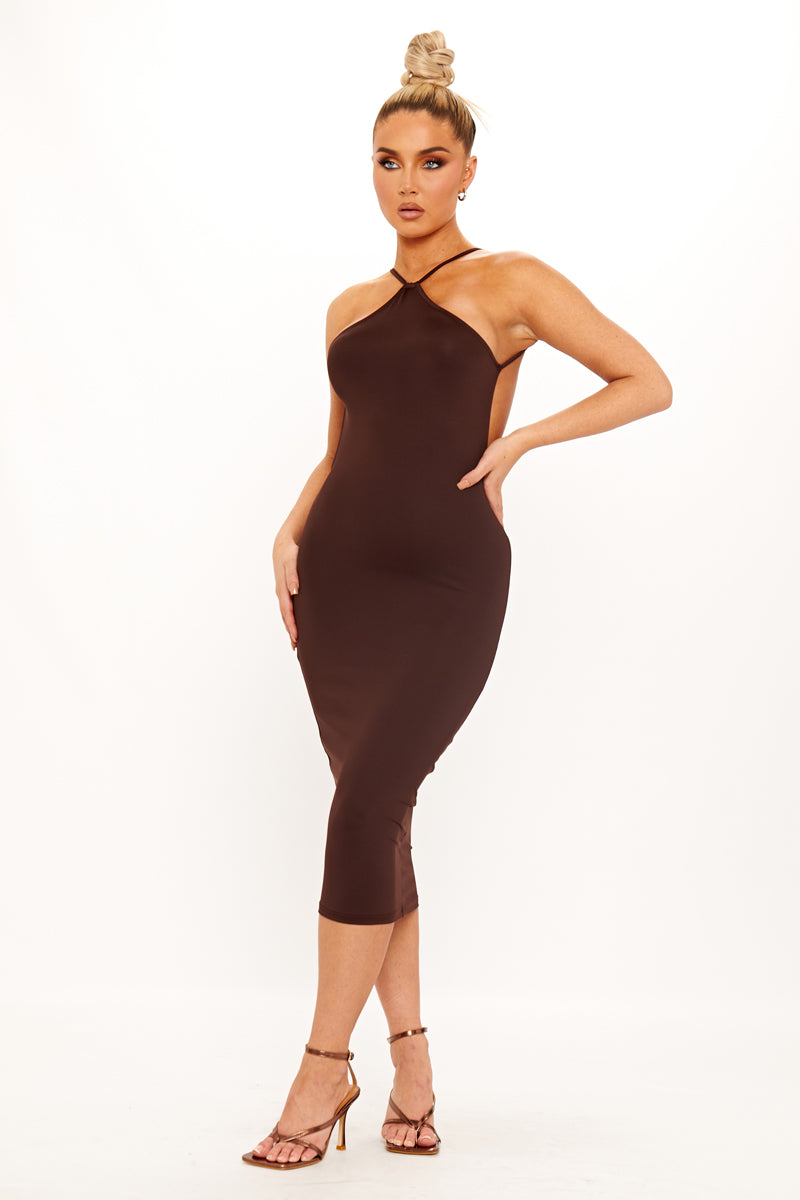 Chocolate Brown Halter Midi Dress | Sleek & Sophisticated | Timeless Elegance