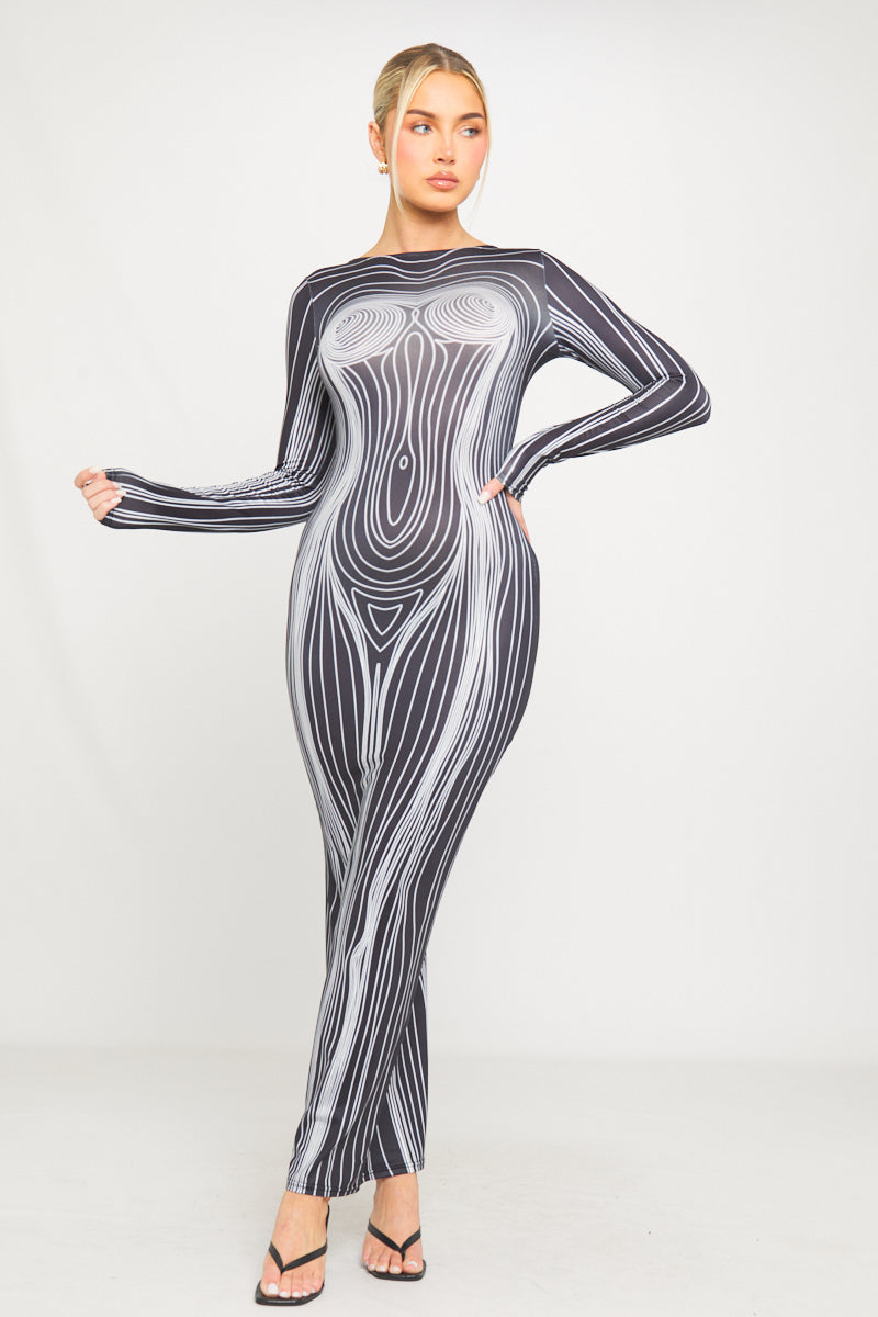 Black Optical Illusion Print Maxi Dress | Futuristic & Bold | High-Fashion Statement