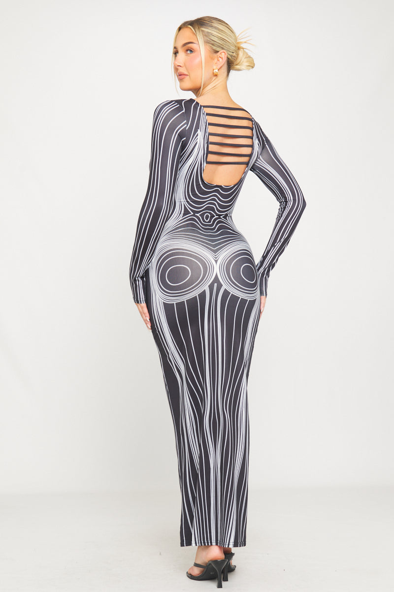 Black Optical Illusion Print Maxi Dress | Futuristic & Bold | High-Fashion Statement