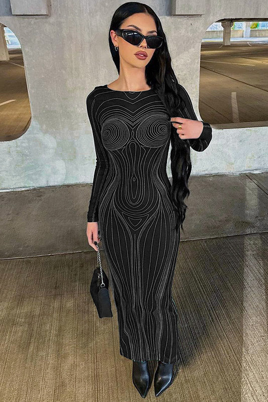 Black Optical Illusion Print Maxi Dress | Futuristic & Bold | High-Fashion Statement