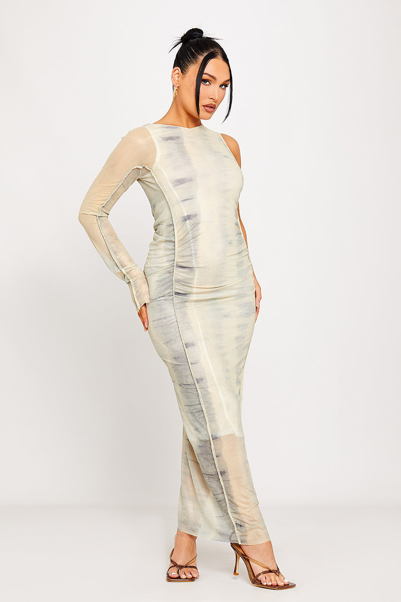 Abstract Print One-Sleeve Mesh Maxi Dress | Futuristic & Chic | Effortless Elegance