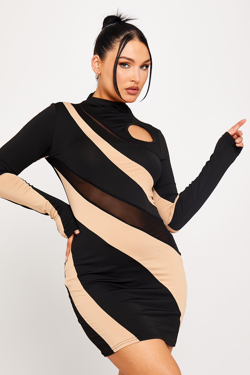 Black & Nude Asymmetrical Cut-Out Mini Dress | Bold & Edgy | High-Fashion Appeal