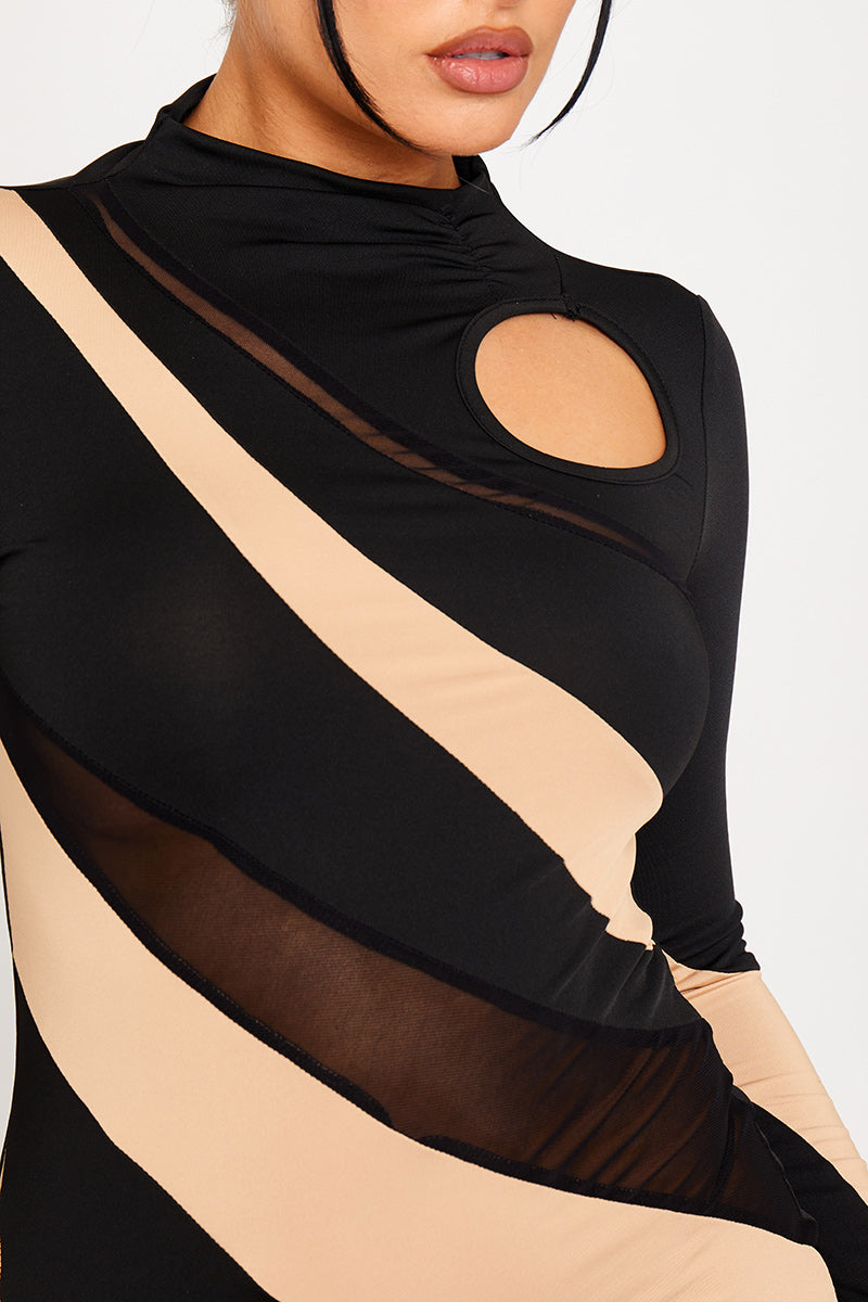 Black & Nude Asymmetrical Cut-Out Mini Dress | Bold & Edgy | High-Fashion Appeal