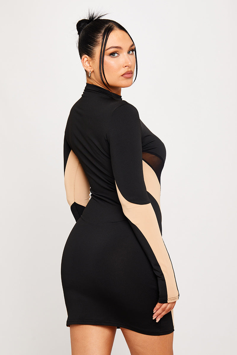 Black & Nude Asymmetrical Cut-Out Mini Dress | Bold & Edgy | High-Fashion Appeal
