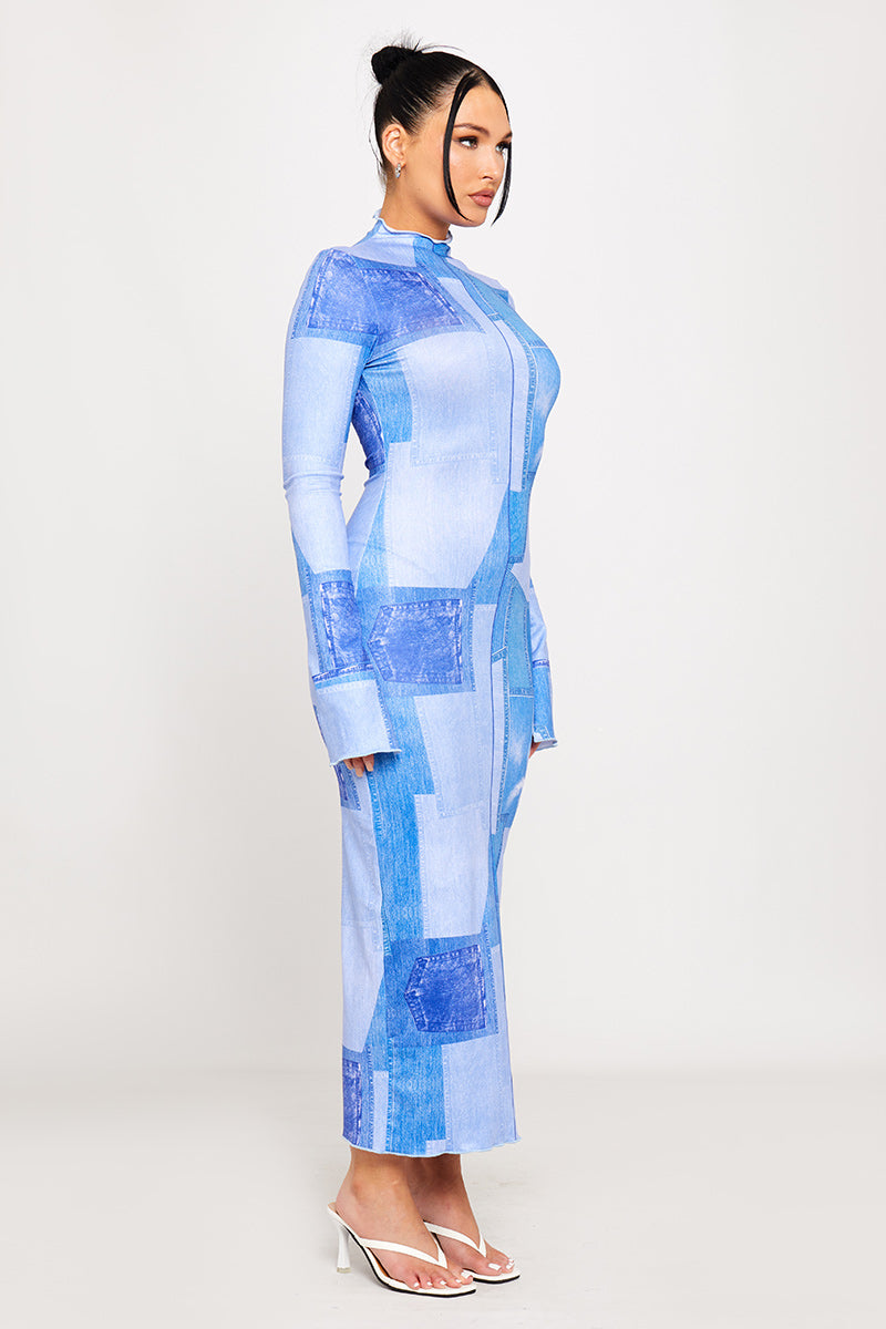 Blue Sheer Abstract Print Maxi Dress | Futuristic & Chic | Trendsetter Look