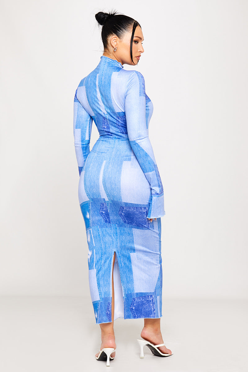 Blue Sheer Abstract Print Maxi Dress | Futuristic & Chic | Trendsetter Look