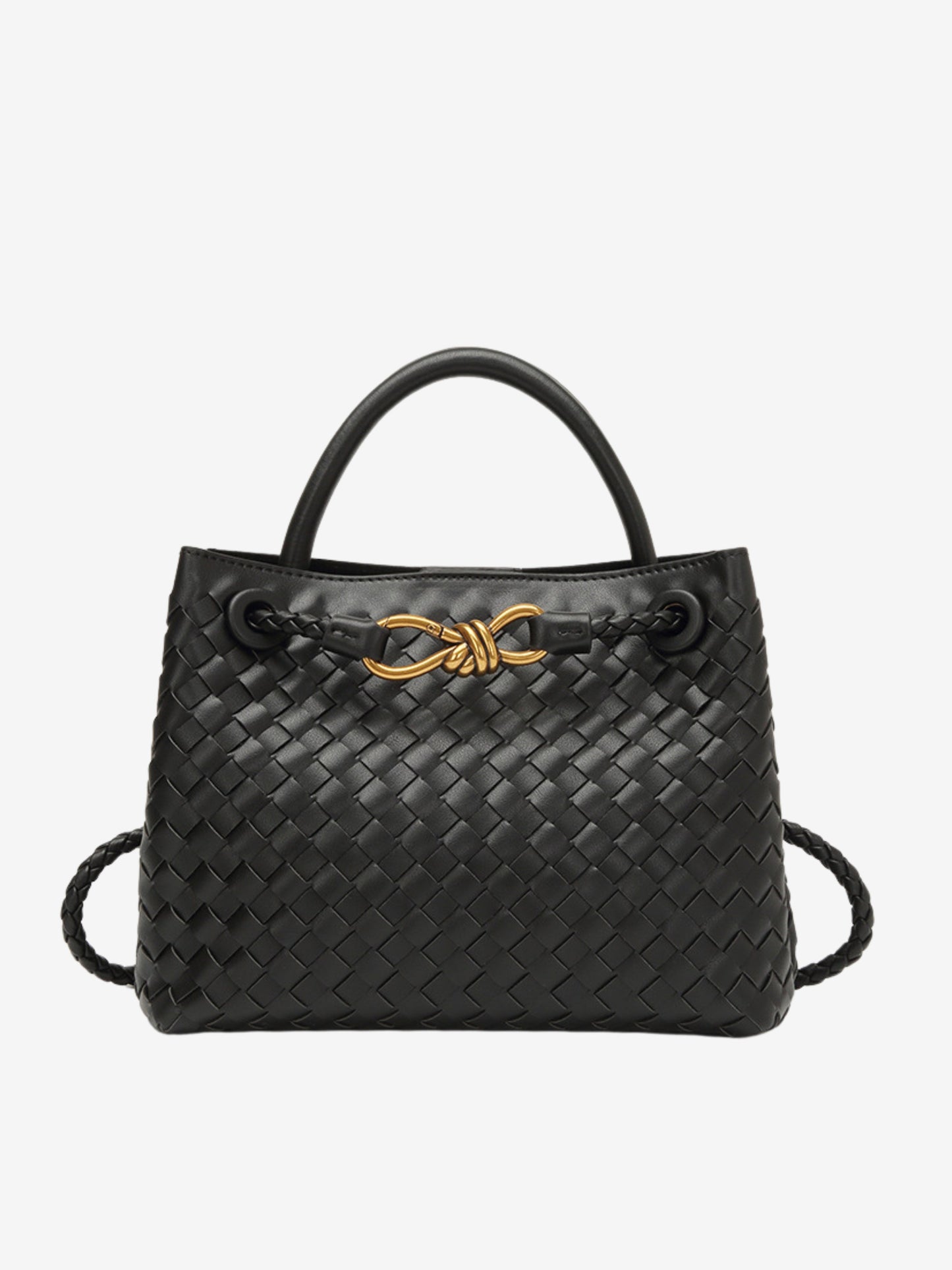 Woven Top-Handle Bag | Faux Leather | Gold Bow Accent