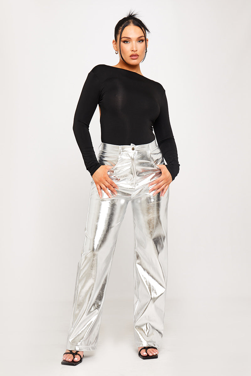 Silver Metallic Straight-Leg Pants | High Shine Finish | Futuristic Street Style