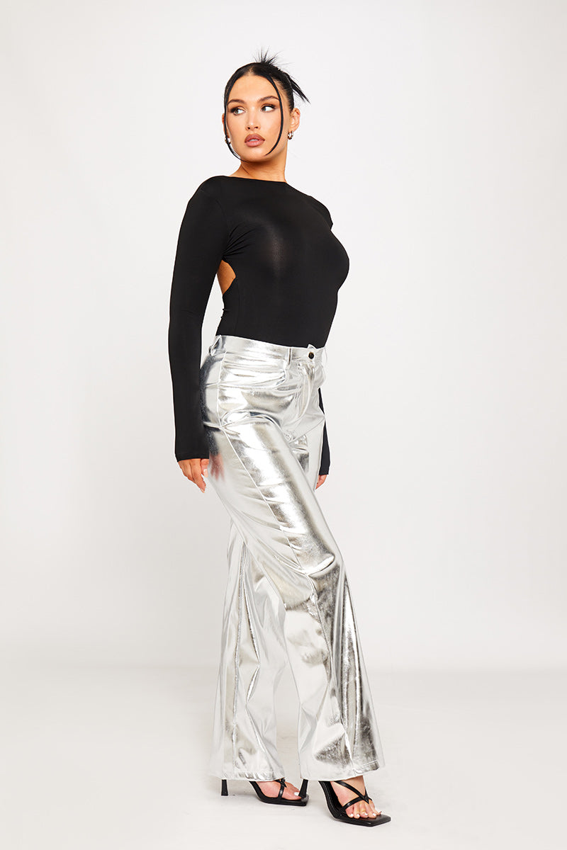 Silver Metallic Straight-Leg Pants | High Shine Finish | Futuristic Street Style