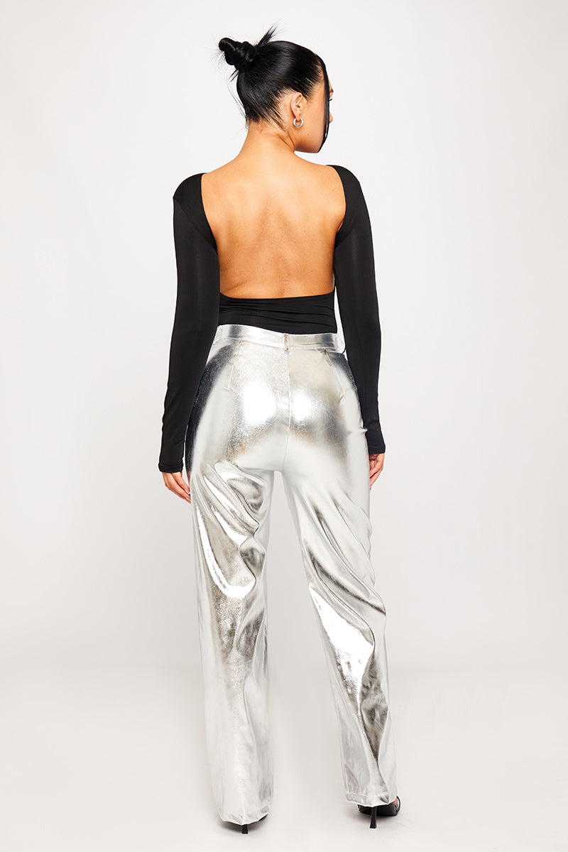 Silver Metallic Straight-Leg Pants | High Shine Finish | Futuristic Street Style