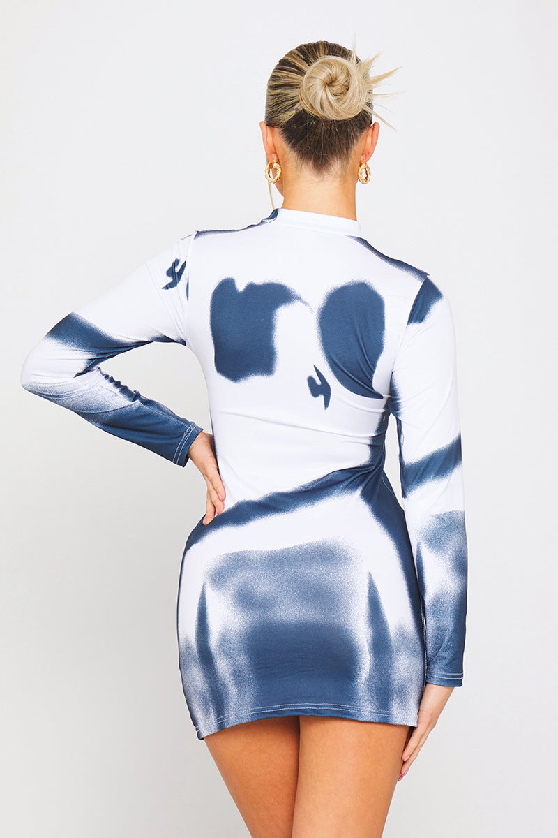 Blue & White Abstract Print Long-Sleeve Mini Dress | Futuristic & Bold | Trend-Setter Look