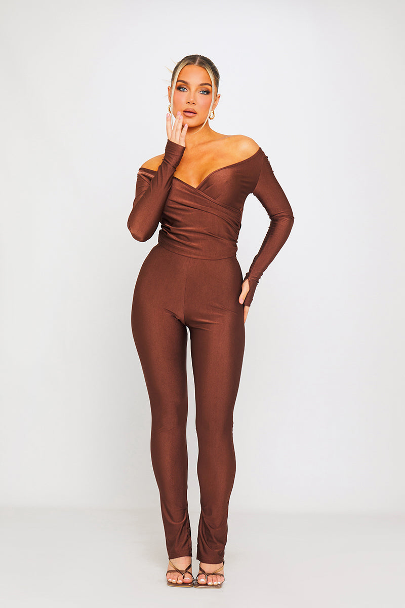 Mocha Luxe Jumpsuit | One-Shoulder Wrap Design | Sculpted Silhouette