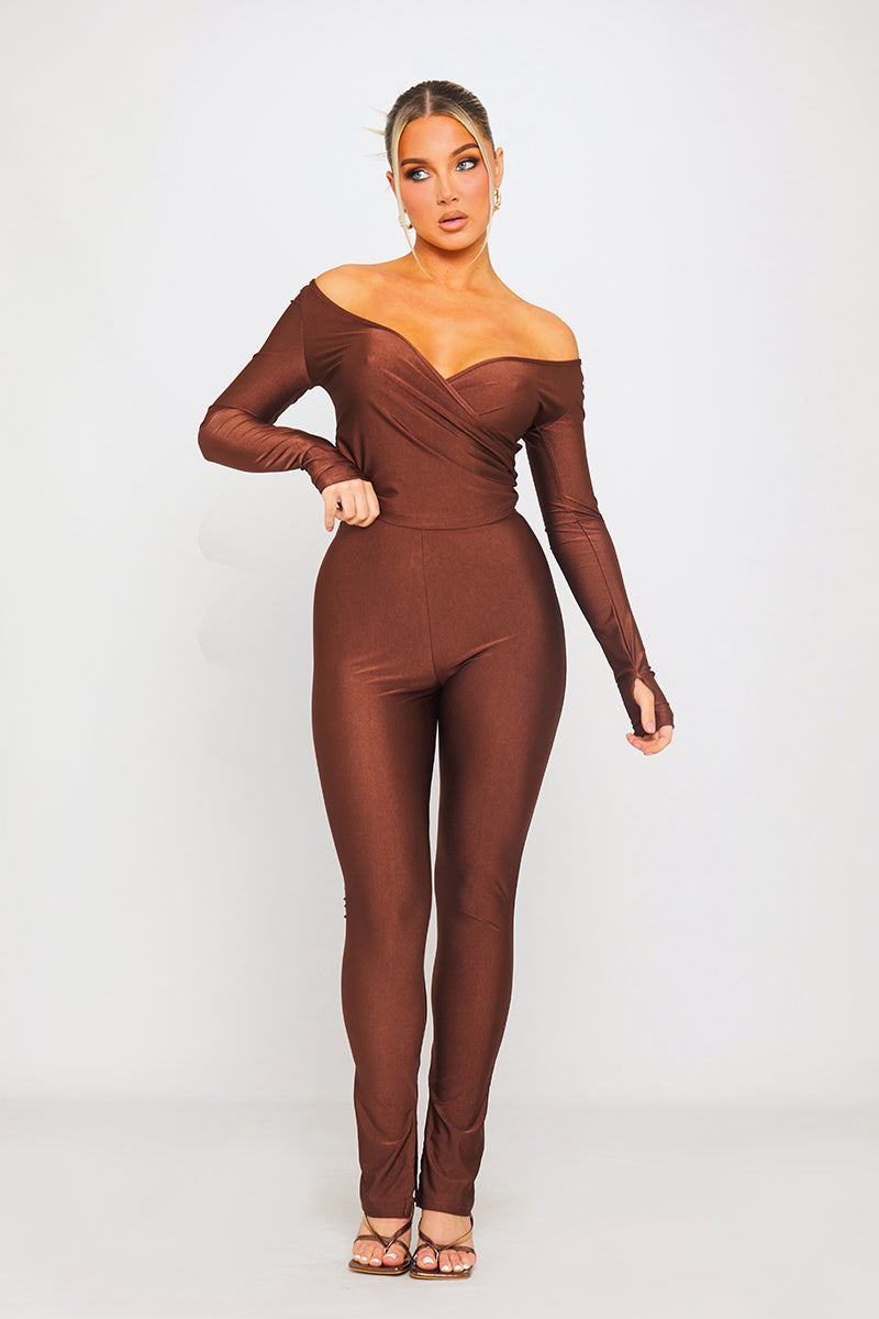 Mocha Luxe Jumpsuit | One-Shoulder Wrap Design | Sculpted Silhouette
