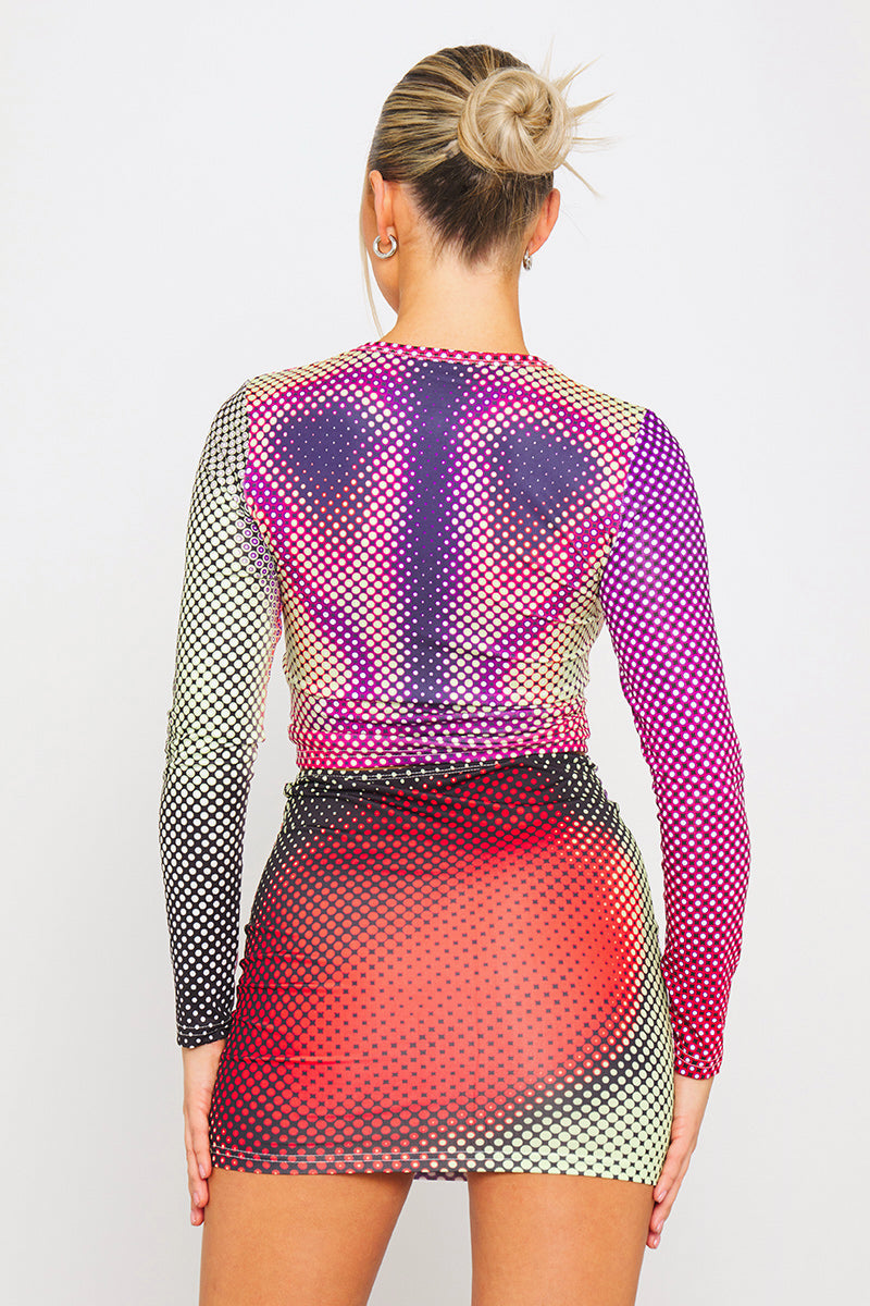 Prism Illusion Mini Dress | Long Sleeve Mesh | Gradient Geometric Print