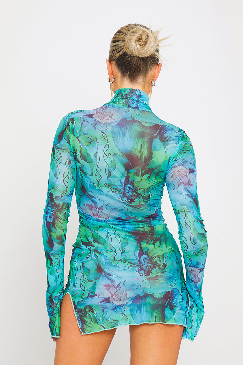 Green & Blue Sheer Mesh Mini Dress | Bold & Dreamy | Ethereal Chic