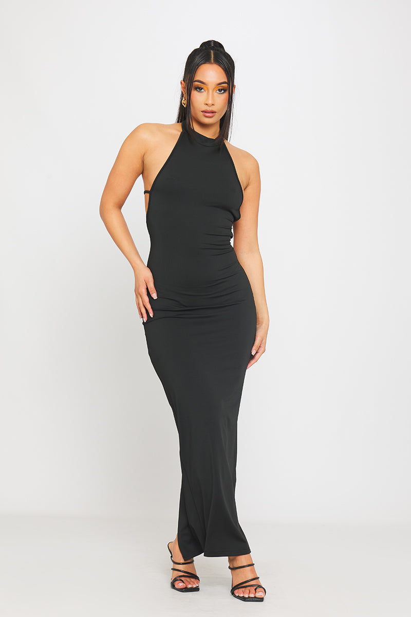 Black Strappy Open-Back Maxi Dress | Sleek & Sultry | Timeless Elegance