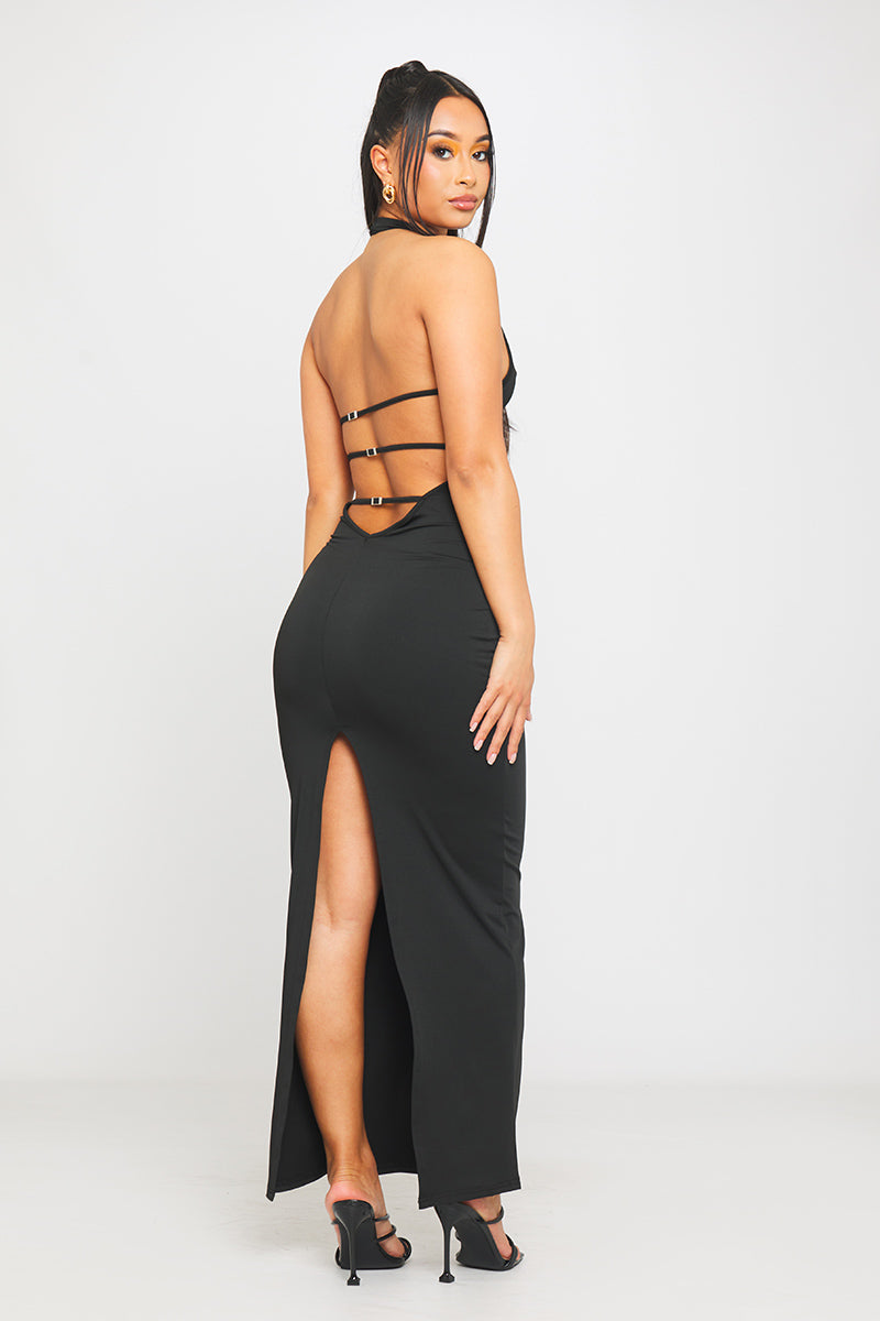 Black Strappy Open-Back Maxi Dress | Sleek & Sultry | Timeless Elegance