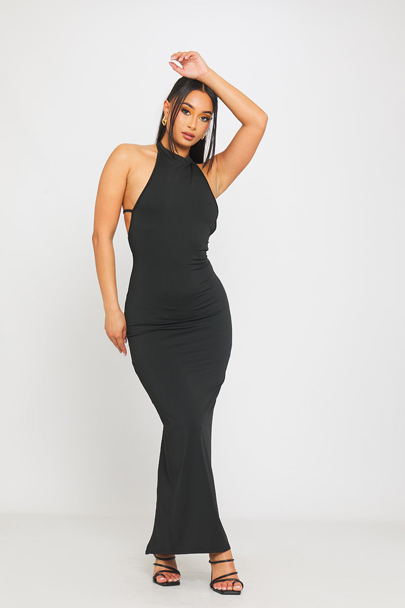 Black Strappy Open-Back Maxi Dress | Sleek & Sultry | Timeless Elegance