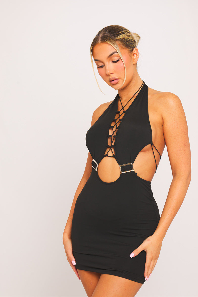 Black Chain Halter Cut-Out Mini Dress | Bold & Sultry | Statement Glam