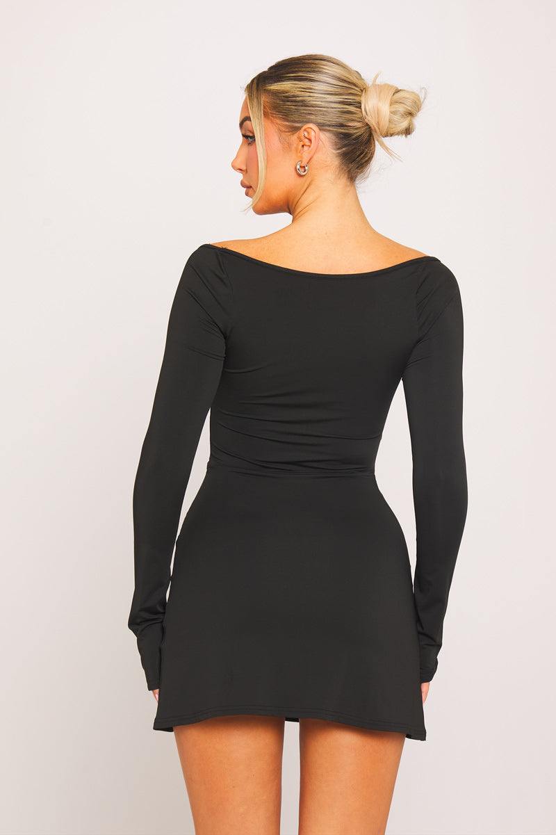 Black Off-Shoulder Mini Dress with Flared Sleeves | Sleek & Sultry | Effortless Elegance