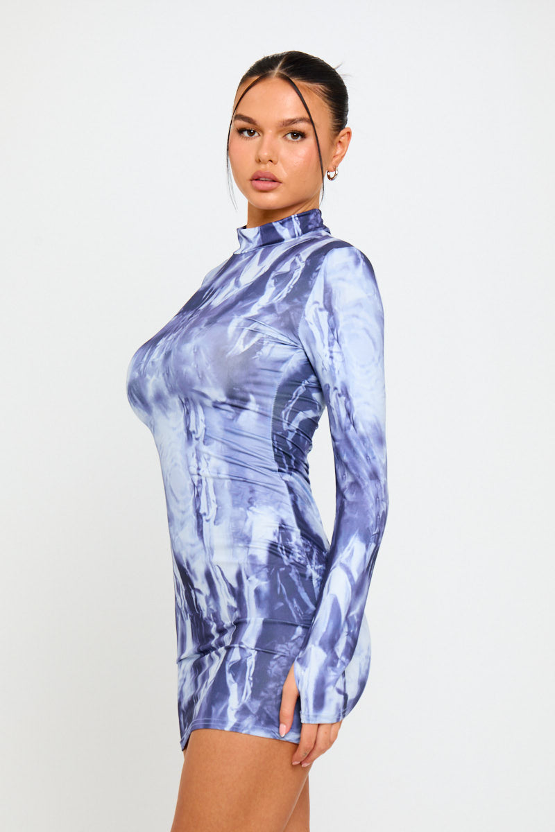 Blue Tie-Dye Print High-Neck Mini Dress | Trendy & Sleek | Effortless Edge