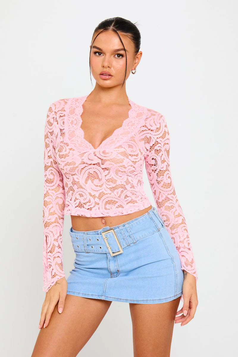Blossom Set | Sheer Lace Top & Denim Mini Skirt | Playful Contrast