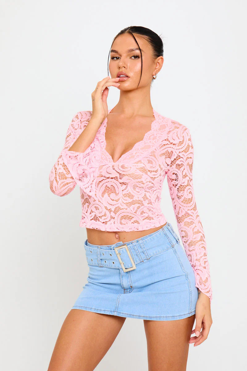 Blossom Set | Sheer Lace Top & Denim Mini Skirt | Playful Contrast