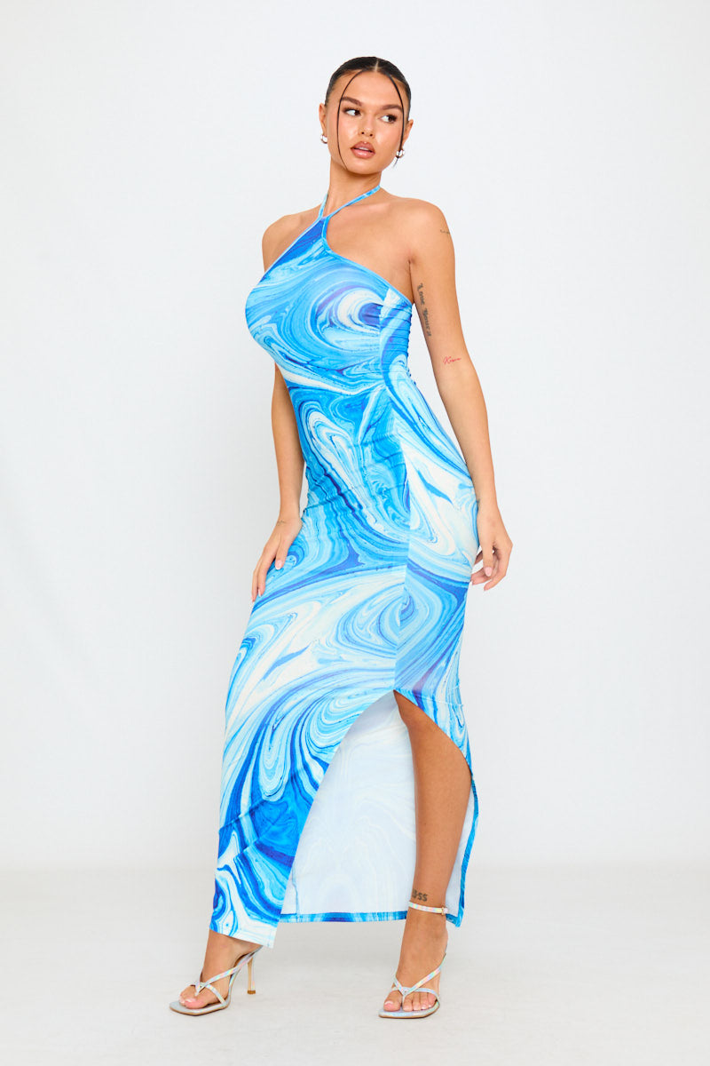 Blue Swirl Print One-Shoulder Maxi Dress | Elegant & Vibrant | Effortless Glam