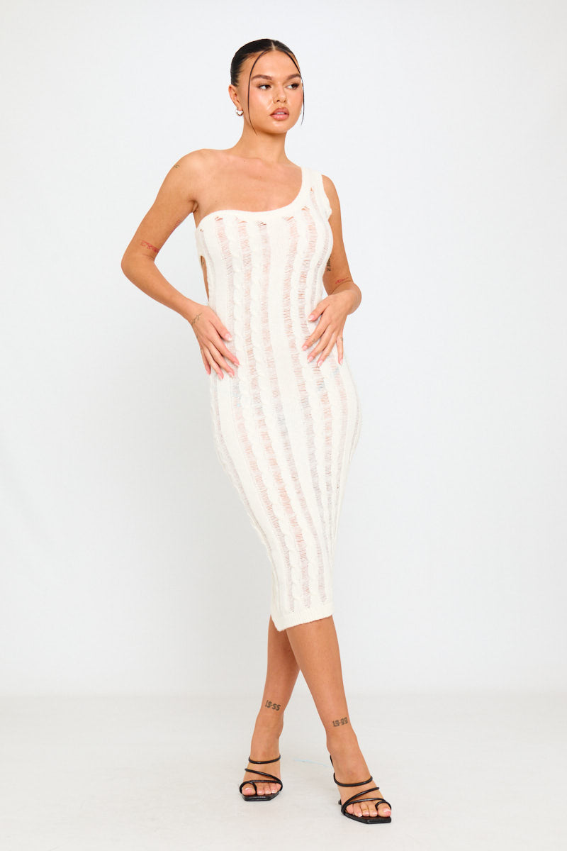Cream & Gold Striped One-Shoulder Midi Dress | Elegant & Chic | Timeless Glam