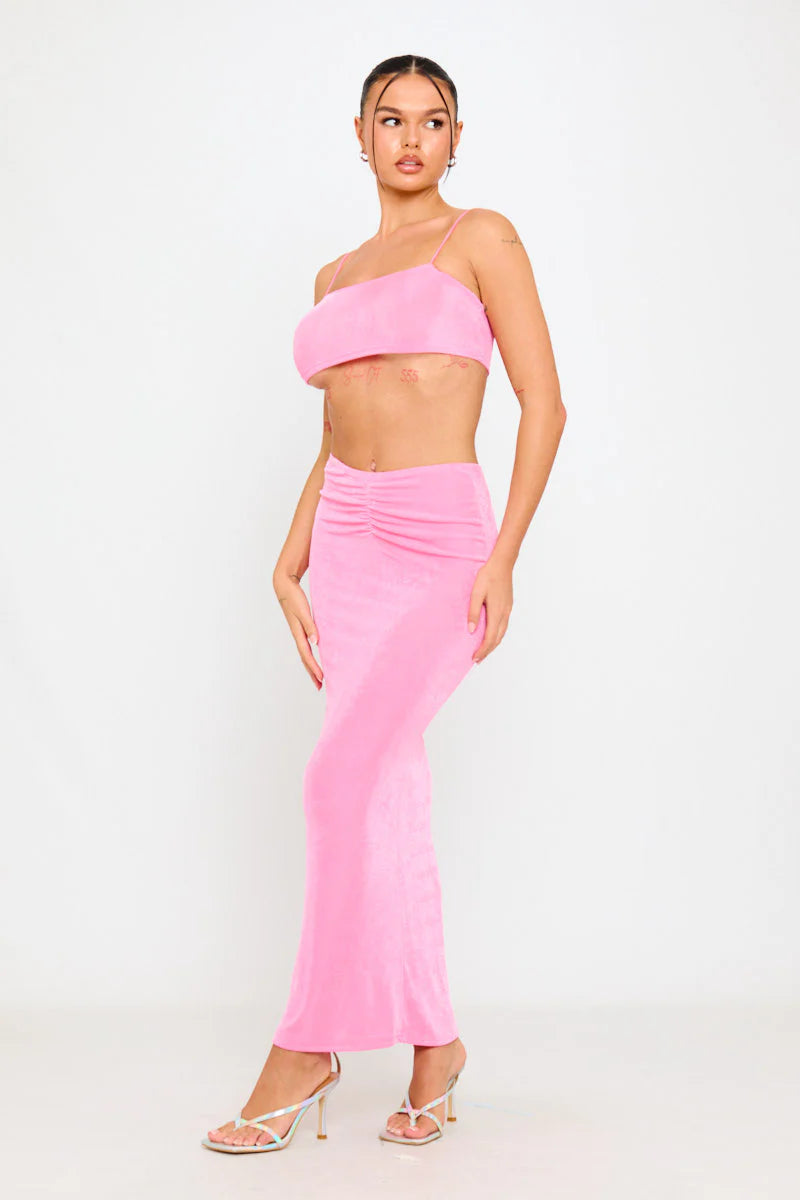 Cotton Candy Set | Strapless Bandeau Top & Maxi Skirt | Vibrant Pink Glow