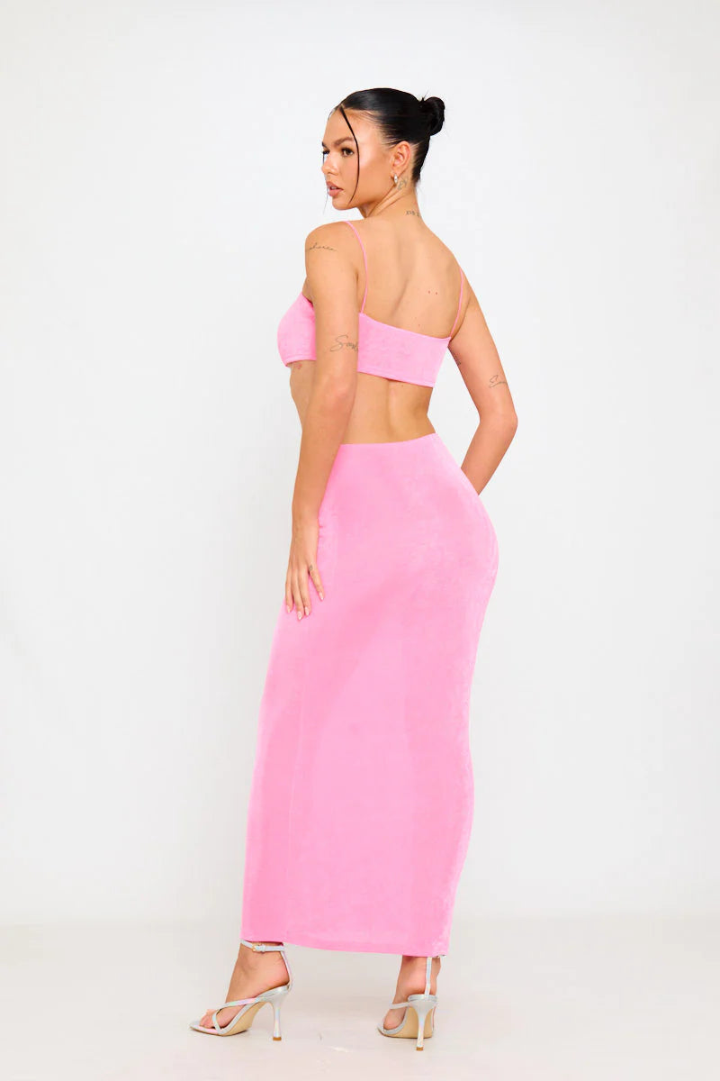 Cotton Candy Set | Strapless Bandeau Top & Maxi Skirt | Vibrant Pink Glow
