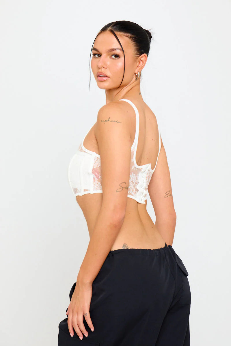 Ivory Mesh Bralette | Structured Lace Detail | Delicate Meets Bold