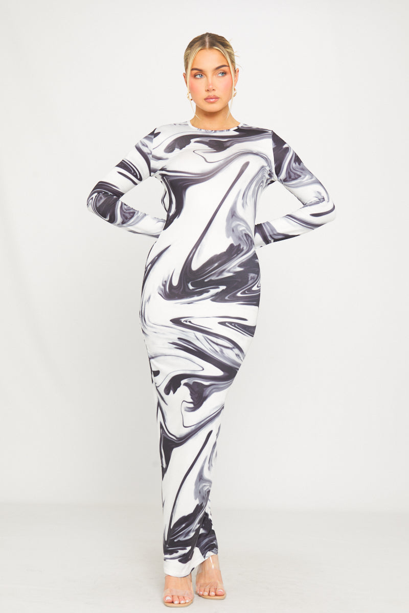 Black & White Marble Print Open-Back Maxi Dress | Modern & Chic | Effortless Elegance