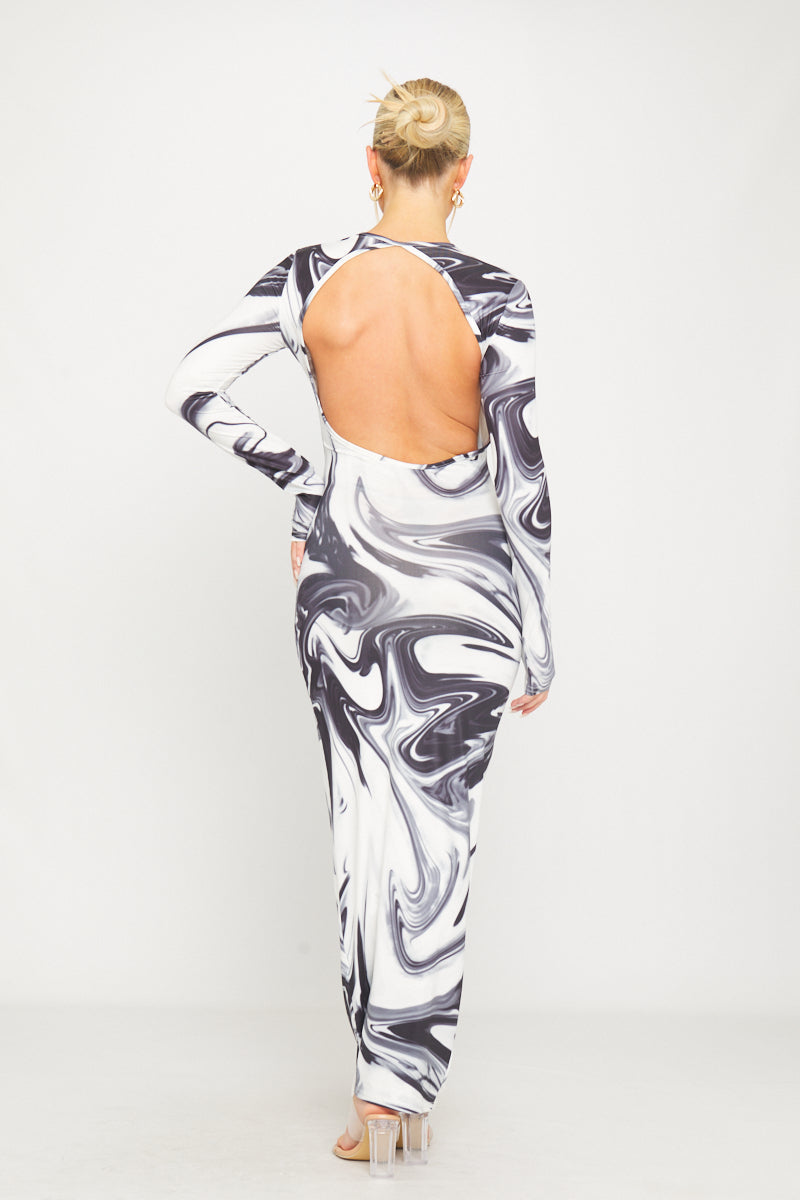 Black & White Marble Print Open-Back Maxi Dress | Modern & Chic | Effortless Elegance