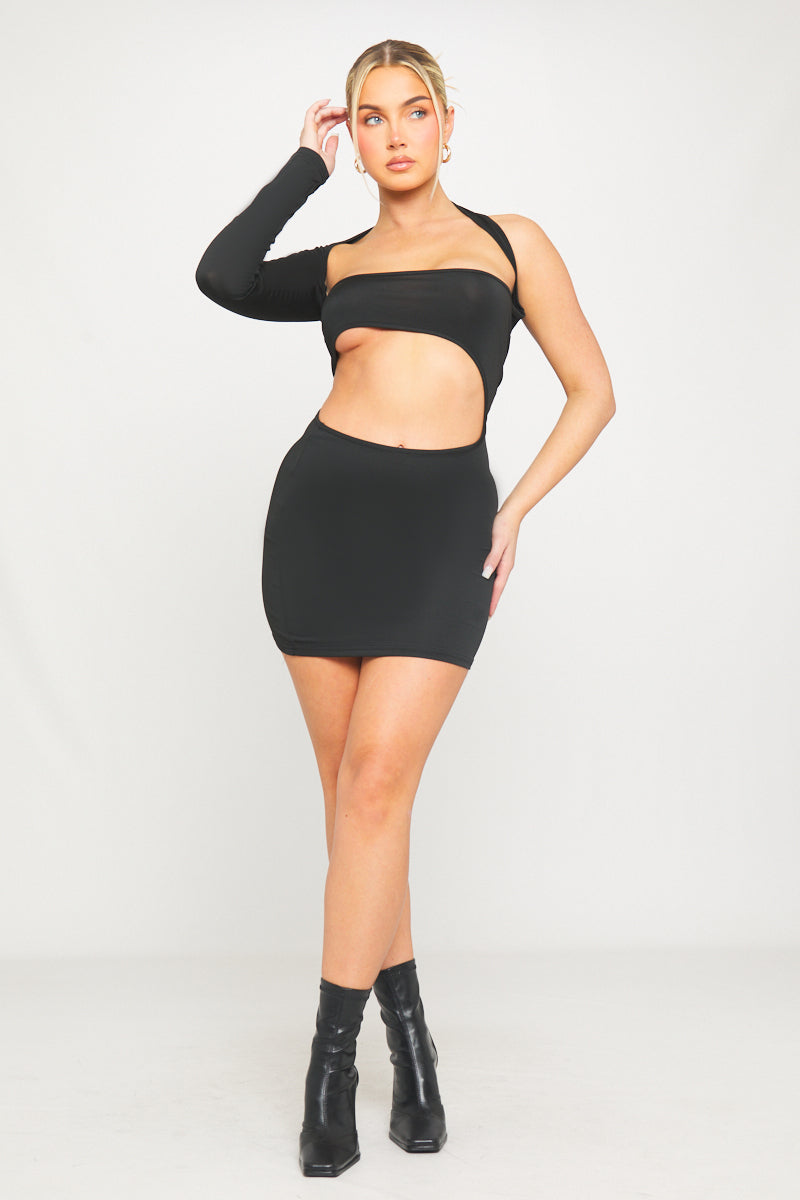 Black Cut-Out One-Sleeve Mini Dress | Edgy & Bold | High-Fashion Statement