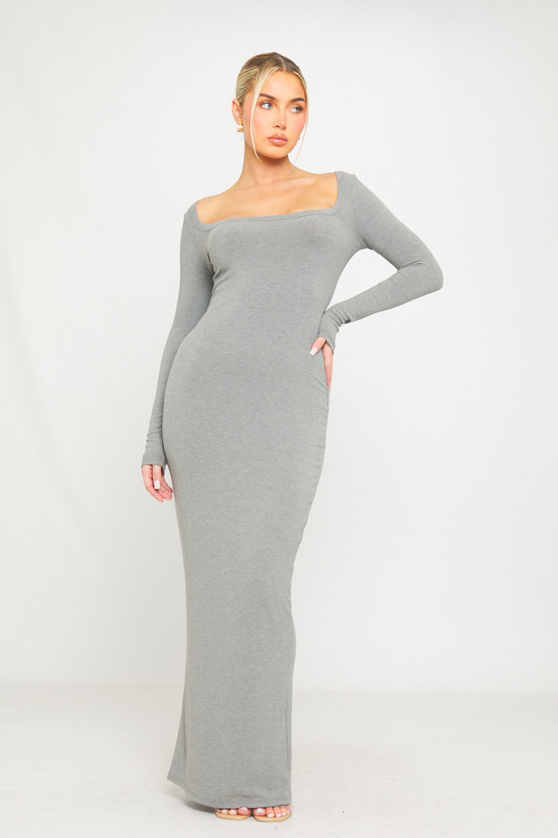 Grey Ribbed Knit Maxi Dress | Off-Shoulder Neckline | Sleek Minimalist Mood