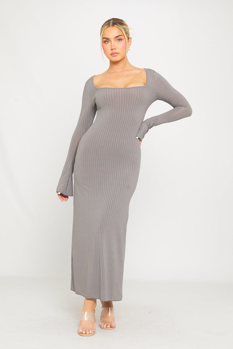 Grey Square Neck Knit Maxi Dress | Elegant & Minimalist | Effortless Chic