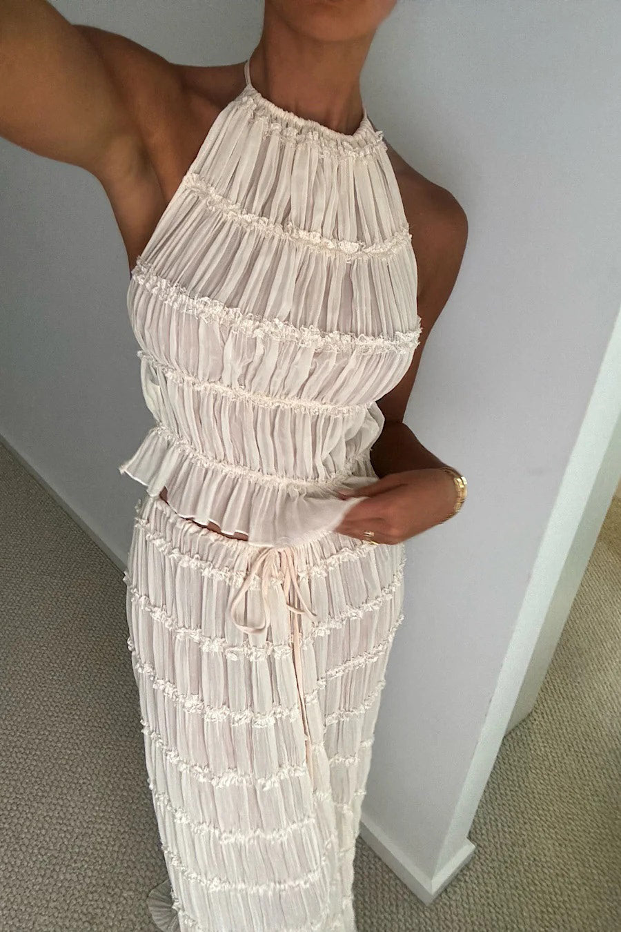 Cream Crochet Halter Two-Piece Set | Boho Maxi Skirt & Crop Top | Island Goddess Vibes
